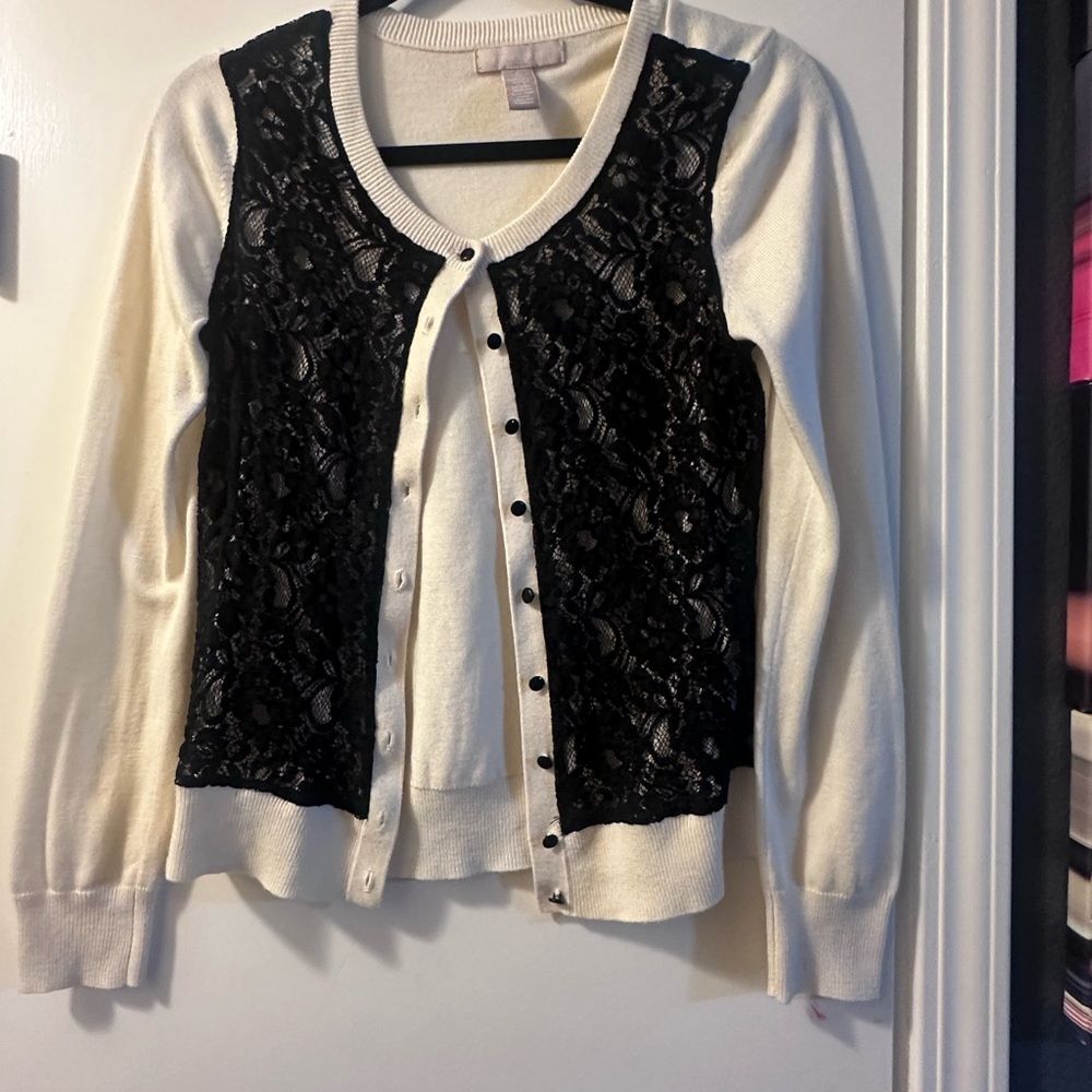Banana Republic Cream Cardigan with Black Lace Front‎